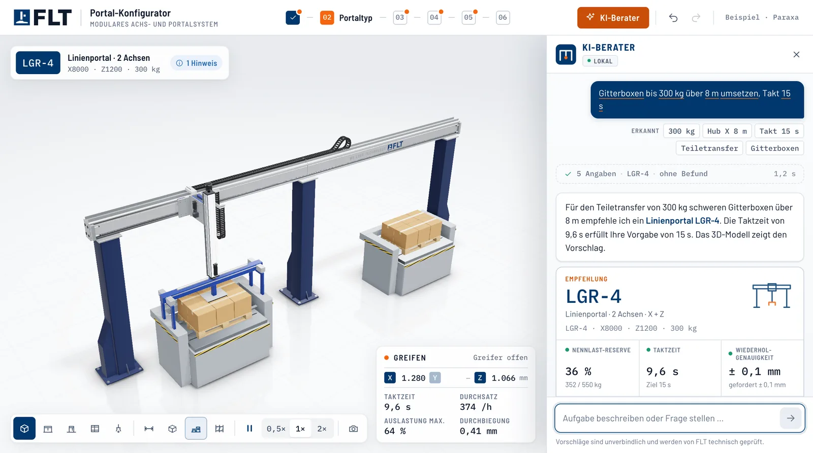 Aufnahme des Portal-Konfigurators: Der KI-Berater hat aus einer Aufgabe in eigenen Worten ein Linienportal ausgelegt, links das Portal in 3D, rechts Empfehlung und Kennwerte.